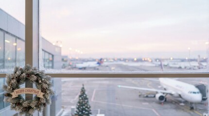 Obraz premium pearly merry christmas airport window view with copy space stock photo background ready for text or design overlay