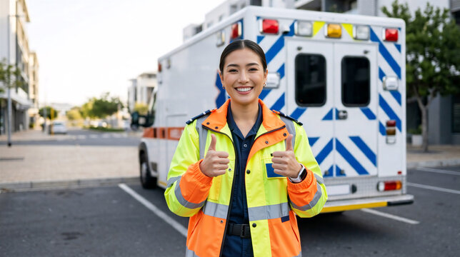 Smiling female paramedic giving thumbs up in front of an ambulance. Emergency medical technician in high visibility jacket. First responder success concept