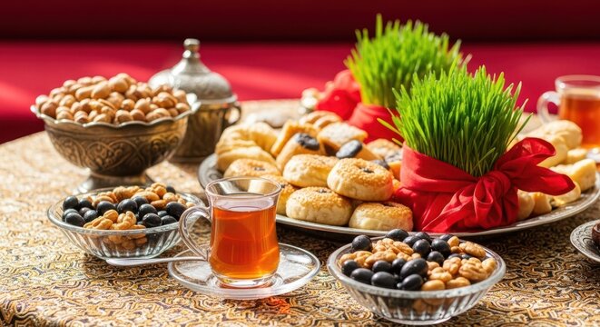 Traditional nowruz table setting with food and drinks on a decorative tablecloth