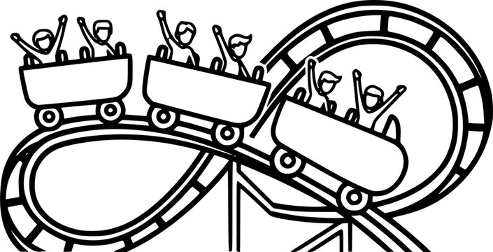 Rollercoaster thrill ride icon featuring simple outline design of passengers with raised hands on a looped track &ndash; Black Vector Illustration