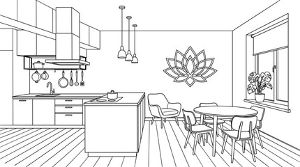 Fototapeta premium Modern open-plan kitchen and dining area perspective featuring a lotus flower wall decal and centralized island with integrated cooktop.