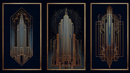 Obraz premium Art Deco Inspired Architecture Illustrations of Iconic Skyscraper Design Elements