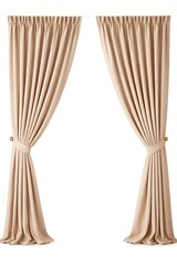 A pair of elegant beige curtains tied back with gold accents