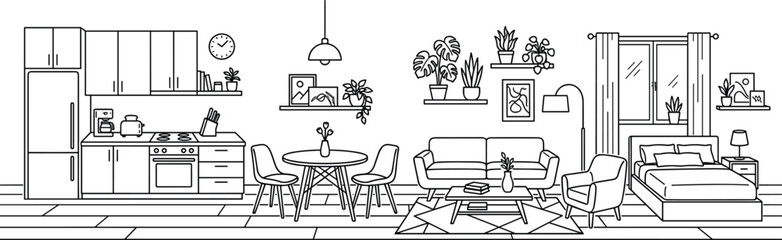 Modern U-shaped kitchen elevation featuring large central window, chimney hood, and professional integrated stainless steel appliances.