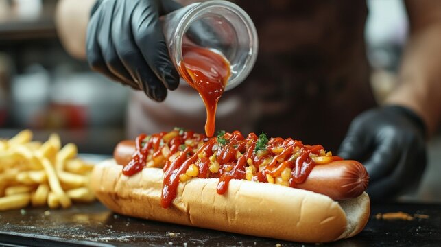 This richly detailed shot shows the process of making a hot dog with a generous helping of sauces, which whets the appetite and highlights street food culture. It is ideal as a vibrant backdrop  