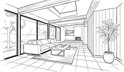 Serene interior perspective of a modern living room featuring floor-to-ceiling windows, wooden ceiling beams, a skylight, and a minimalist fireplace.