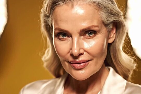 A close-up of a woman showing her smooth skin shining against a warm yellow-toned background, a visual for skin care and beauty advertisements that impresses with its natural glow and sophisticated ex