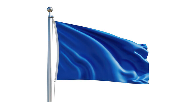 A royal blue flag waving gently on a silver pole against a plain transparent background