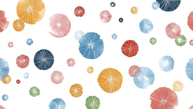 Circular Abstract Wagara Motifs with Colorful Marumon Patterns on White Background