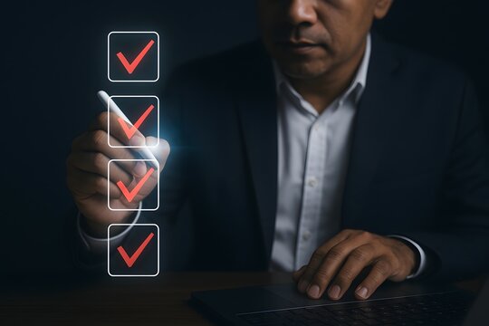 Man in a suit uses a digital stylus to check glowing red tick marks on a virtual checklist, indicating completion or approval of tasks.