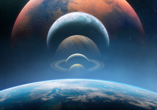 Space scene showing planet Earth with visible horizon and atmosphere, surrounded by Mars, Venus, Jupiter, Saturn with rings, and the Moon. Elements of this image furnished by NASA.