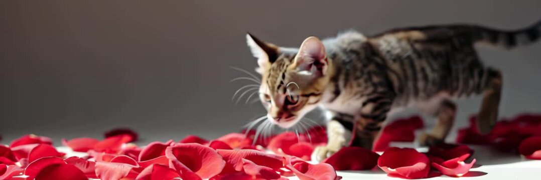 Small kitten walking on red rose petals with copy space, romantic pet banner video background for website header and landing page.
