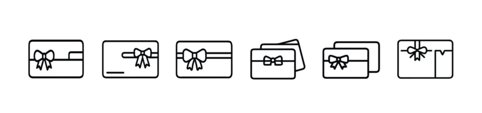 Gift card and shopping voucher outline icon set featuring surprise coupon with ribbon bow for commerce rewards and more vector illustration or editable stroke