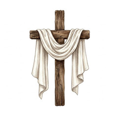 Watercolor Christian Cross with White Cloth Illustration for Easter Resurrection, Religious Faith Symbol for Church, Worship and Holy Week Design