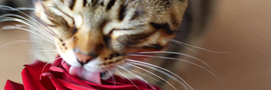 Cat sniffing red rose petals with copy space, romantic valentine day pet video banner background, love tenderness and floral celebration concept.