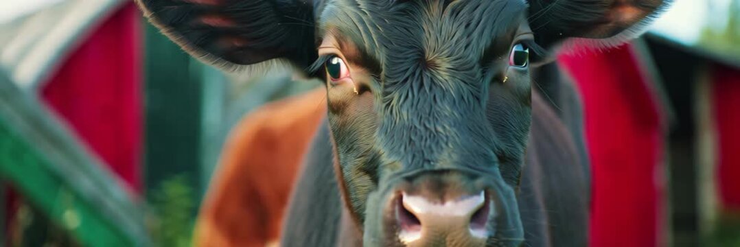Close portrait of cow on farm field with copy space, rural livestock banner video background for website header and landing page.