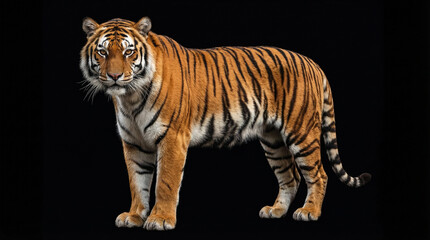 Obraz premium A majestic tiger standing against a solid black background, showcasing its vibrant orange and black stripes.
