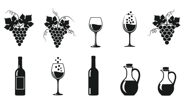 Set of black silhouettes including wine bottles, glasses, grapes with leaves, and jars for olive oil or vinegar on a white background.