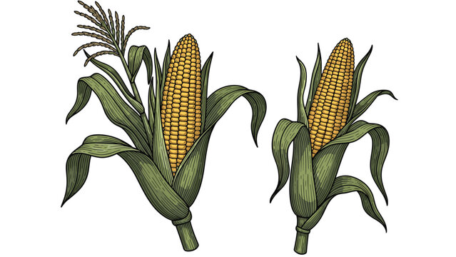 Detailed vintage style illustration of two corn cobs on their stalks with green husks and golden kernels for harvest themes.
