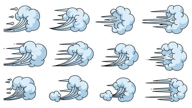 Collection of cartoon smoke puffs and wind motion lines used for comic book speed effects on a white background in vector format.