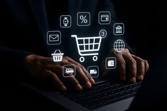 Person types on a laptop keyboard surrounded by glowing holographic e-commerce icons, symbolizing the vast world of online shopping, digital business, and modern virtual transactions.