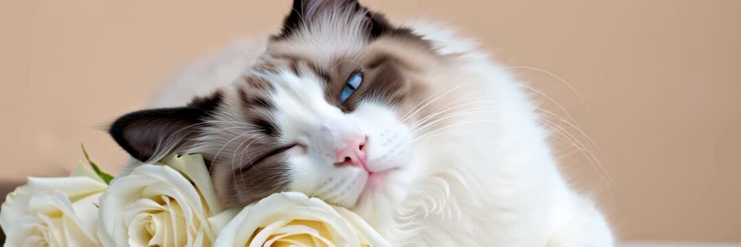 Cute fluffy cat resting near white roses with copy space, romantic pet banner video background for website header and landing page.