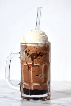 Chocolate root beer float with vanilla ice cream scoop in a glass mug with a clear straw, isolated on white background.
