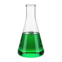 Laboratory erlenmeyer flask with green liquid isolated on transparent background