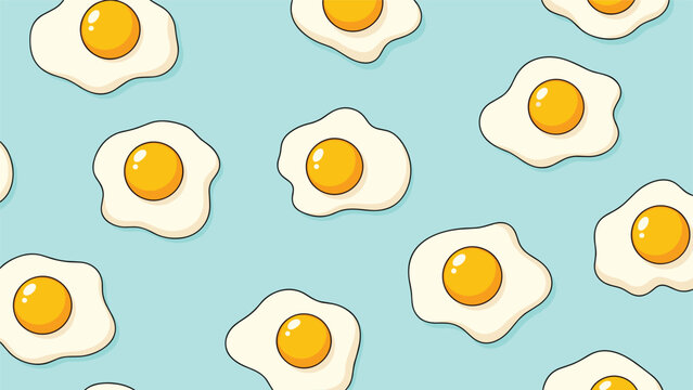 Seamless repeating pattern of fried eggs with yellow yolks and white albumen on a light blue background for food and kitchen themes.