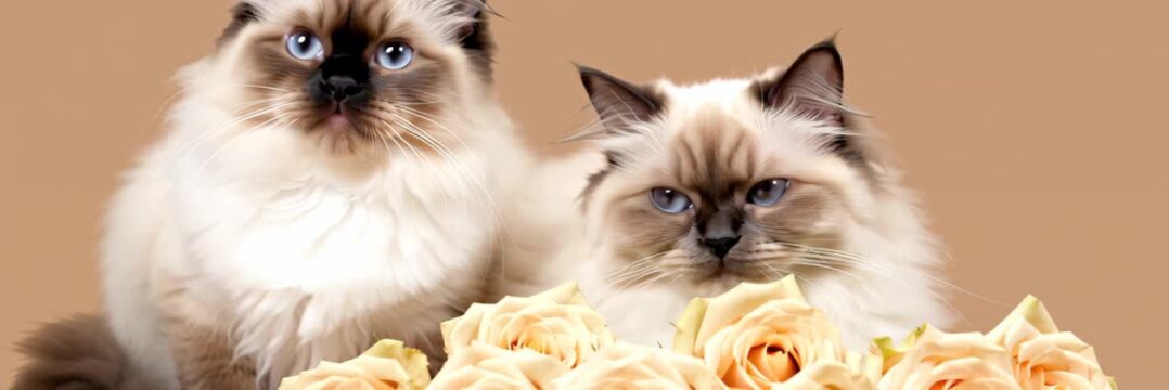 Two fluffy cats with white roses on soft background with copy space, romantic pet banner video for website header and landing page.