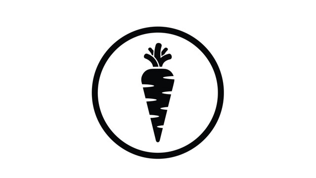 Black and white circular icon of a carrot with green leaves on top representing healthy eating and vegetable garden.