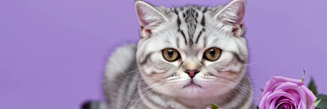 Gray cat portrait with pink rose on pastel background with copy space, romantic pet banner video for website header and landing page.