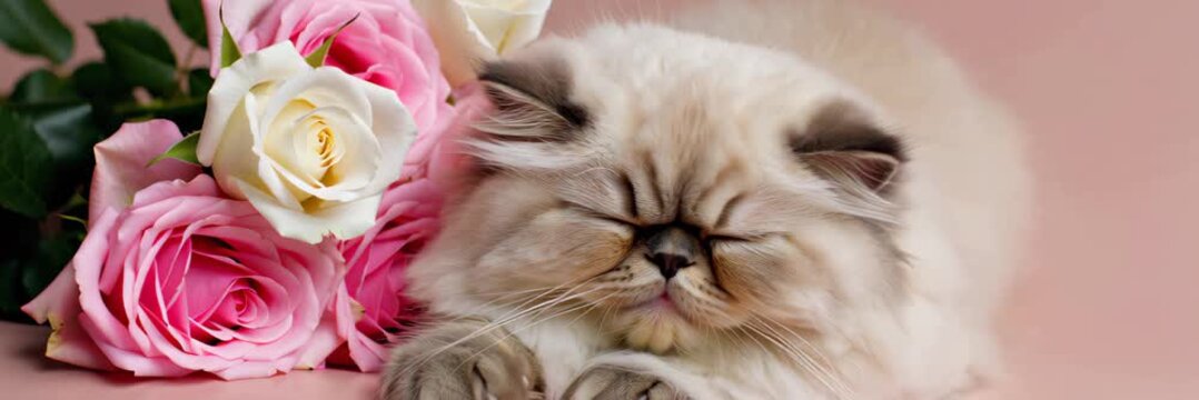 Fluffy cat resting near pink roses on pastel background with copy space, romantic pet banner video for website header and landing page.