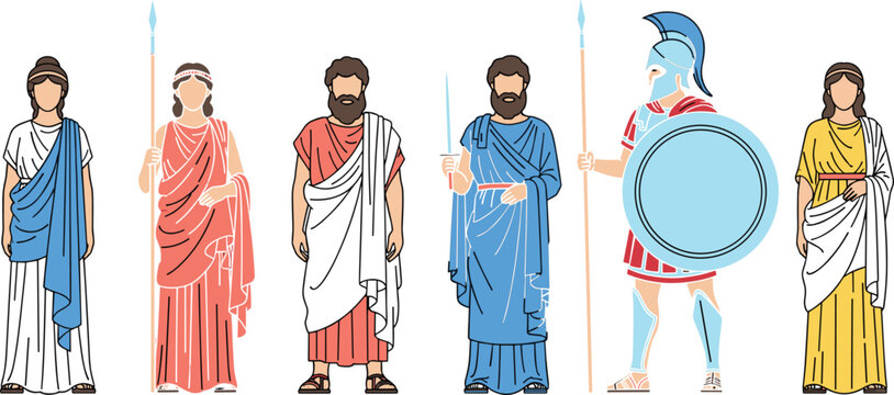 Set of ancient Greek and Roman characters, collection of people in traditional tunics, togas and Spartan warrior with shield and spear flat vector illustration