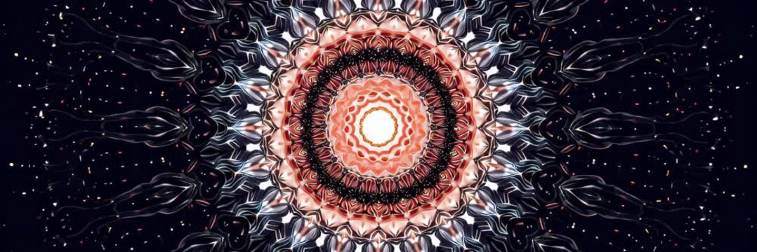 Colorful mandala ornament animation on dark background with copy space, decorative spiritual banner video for website header and landing page.