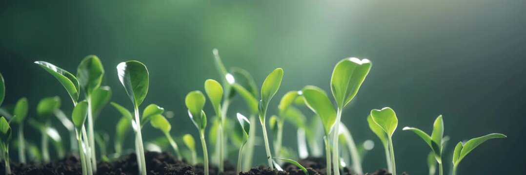 Young green seedlings growing from soil with copy space, agriculture growth banner video background for website header and landing page.