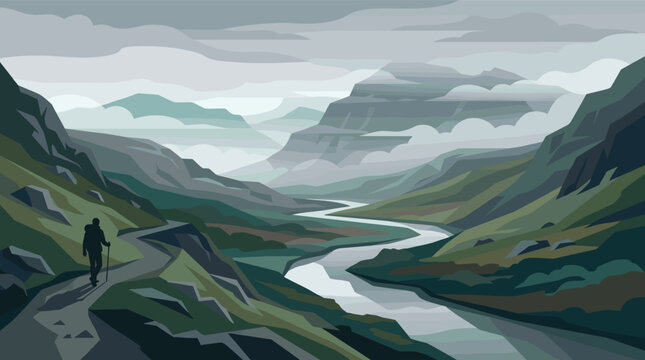 A lone hiker walks a mountain path beside a winding river under a moody, overcast sky. Vector art style with muted greens and grays. Ideal for travel or outdoor recreation.