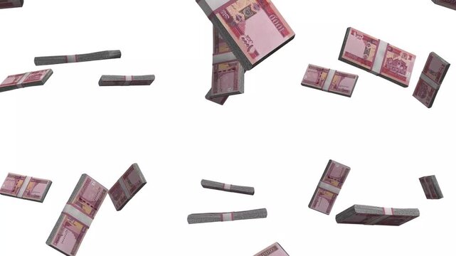 Afghanistan Money, 1000 Afghan Afghani Falling, AFN Currency Stacks, White Background, 4K