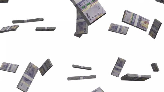 Angola Money, Angolan Kwanza Falling Cash, AOA Currency Stacks, White Background, 4K