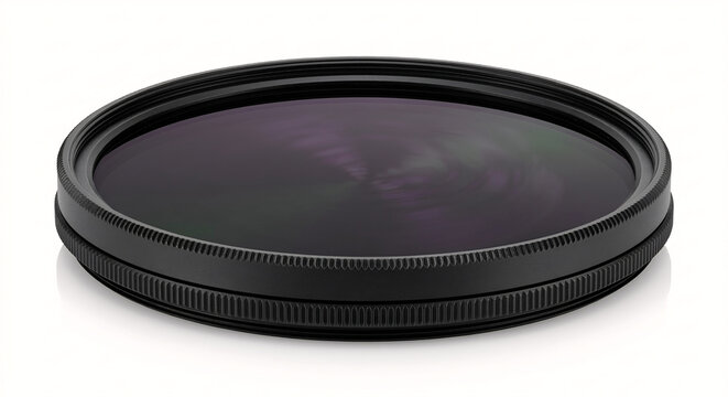 A macro photograph of a black metal circular polarizer (CPL) camera lens filter, shown at a 3/4 angle on a reflective pure white surface. The filter frame is made of black anodized metal with detailed