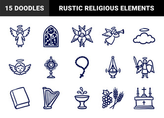Naklejka premium Hand-drawn Christian religious symbols and angelic figures in a naive doodle style for spiritual branding and church education materials.