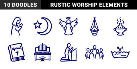 Naklejka premium Hand-drawn religious and spiritual symbols for church community branding. Rustic, naive marker sketch illustrations featuring worship and faith concepts.