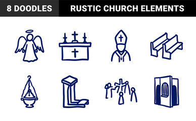 Naklejka premium Hand-drawn religious and church elements for spiritual branding. Rustic, naive marker sketch illustrations featuring catholic liturgy concepts.
