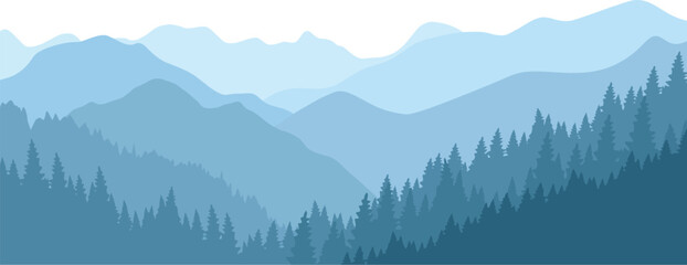 Naklejka premium Misty blue mountain landscape with pine trees and clear sky background with mountains with landscape