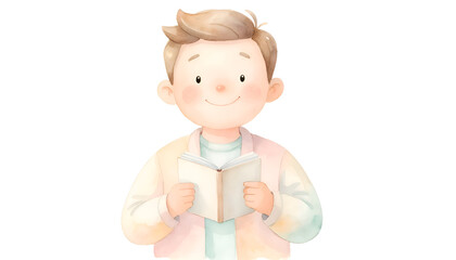 Fototapeta premium Cute cartoon boy holding milk bottle in pastel shirt and hat isolated on white