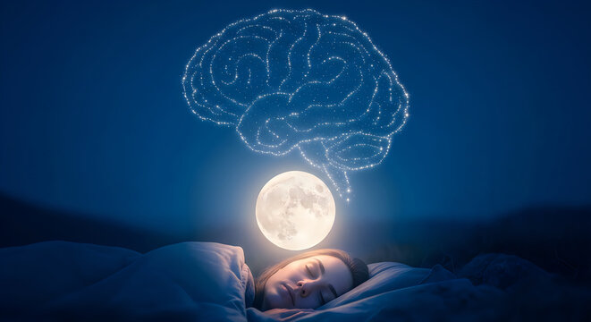 A person sleeps peacefully under a glowing moon with a brain-shaped thought bubble.
