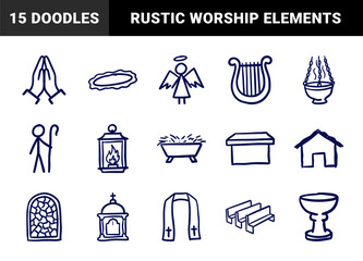 Naklejka premium Hand-drawn religious and spiritual symbols for church ministry. Naive marker sketch illustrations featuring christian worship and nativity elements.