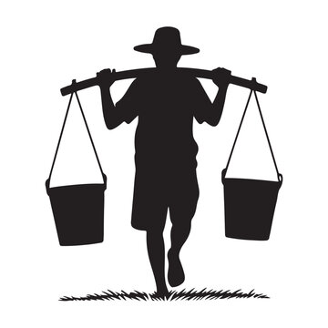 A farmer carrying buckets on a yoke a striking silhouette