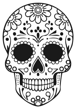 Detailed black and white illustration of a decorated sugar skull for Day of the Dead.