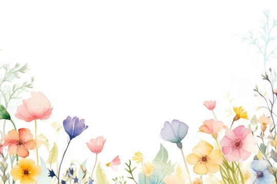 Spring flowers on invisible rectangle frame illustration watercolor pastel.
